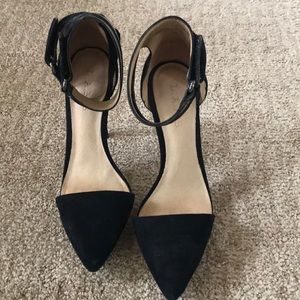 L.A.M.B. black suede double ankle strap shoes
